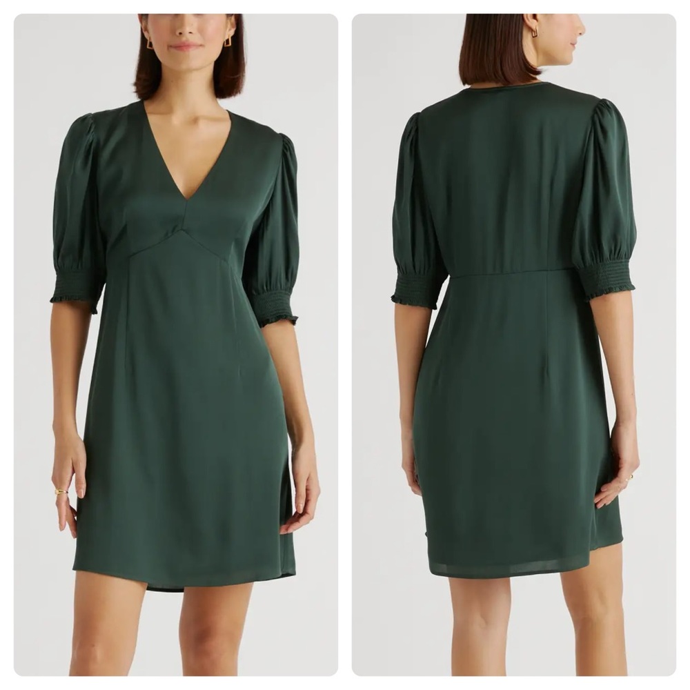 Quince Washable Stretch Silk Puff Sleeve Mini Dress In Forest Green Size L